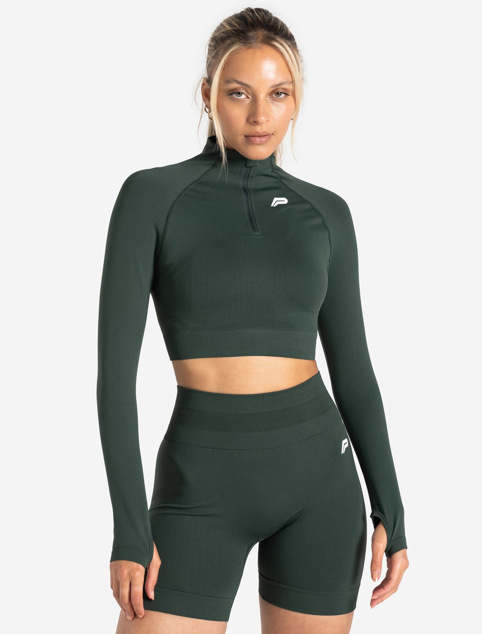 Scrunch Seamless Crop 1/2 Zip - Forest Green Pursue Fitness 1